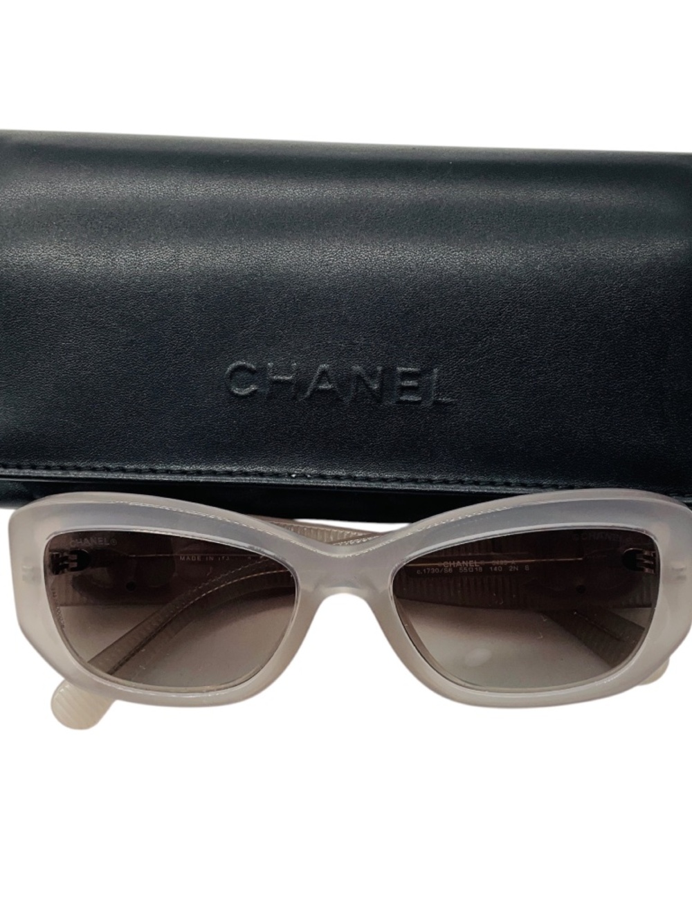 CHANEL MILKY GREY / SILVER CC LOGO FROSTED RECTANGULAR ACETATE SUNGLASSES - Picture 6 of 9